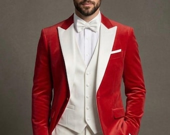 Men’s Red Velvet Tuxedo Jacket with White Peak Lapels | Luxury Wedding Suit