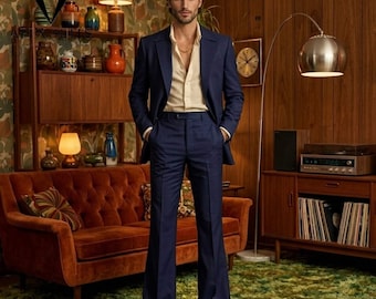 Apex Suit Vintage 70s Flared Men's Suit: Navy Blue Classy Wide Lapel Suit