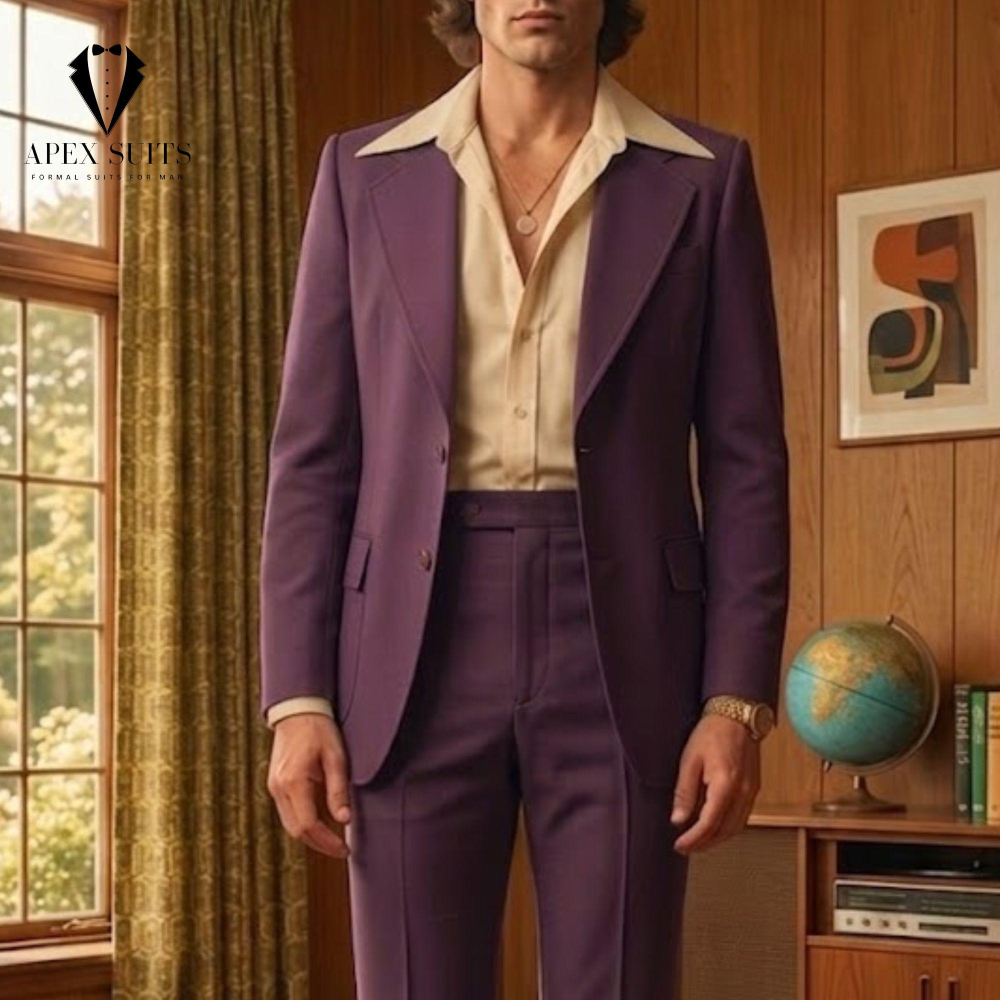 Men Vintage Suit 1970s Purple 3 Piece Classy: Wide Lapel Handmade