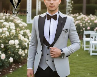 Men Tuxedo Suit Grey 3 Piece Suit: Wedding Groomsmen Dinner Suits