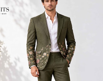 Men Olive Green Wildflower Embroidered Suit for Men – Custom Wedding Suit, Floral Blazer and Matching Pants