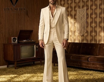 Vintage 70s off White Men’s 2 Piece Suit | 1970s Retro Fashion Tailored Suit | Flared Pants | Custom Made Suit |
