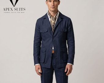 Men's Linen Safari Suit | 4 Pocket Hunter Casual Summer | 2 Piece Dinner Suits