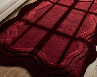 Hand Tufted Red Abstract Rug, Modern Blob Area Rug, Organic Shape Carpet Luxury Minimalist Rug, 8x10 Feet Living Room