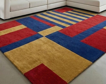 Abstract Geometric Hand Tufted Wool Rug, Modern Color Block Area Rug 8x10, Red Blue Gold Living Room Carpet, Contemporary Scandinavian Rug,