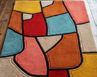 Abstract Hand Tufted Rug, 5x7 Colorful Modern Area Rug, Geometric Tufted Carpet, Contemporary Living Room Rug, Artistic Handmade Floor Rug,