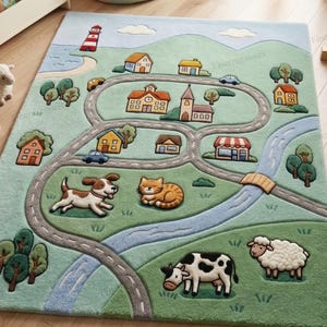 Kids Playmat Rug with Road & Village, Farm Animals Children Carpet, Hand Tufted Nursery Area Rug 7x10, Cute 3D Carved Kids Room Play.