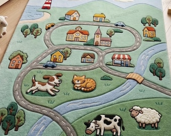 Kids Playmat Rug with Road & Village, Farm Animals Children Carpet, Hand Tufted Nursery Area Rug 7x10, Cute 3D Carved Kids Room Play.