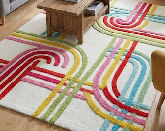 Hand Tufted Rainbow Abstract Rug, Colorful Retro Area Rug, Modern Geometric Carpet, Dopamine Decor Rug, Living Room Statement Rug 6x9 Feet