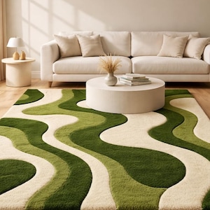 Modern Green Abstract Area Rug, Wavy Pattern Shag Rug, Olive Cream Contemporary Carpet, Soft Plush Living Room Rug Soft Plush Rug, Kids Rug.