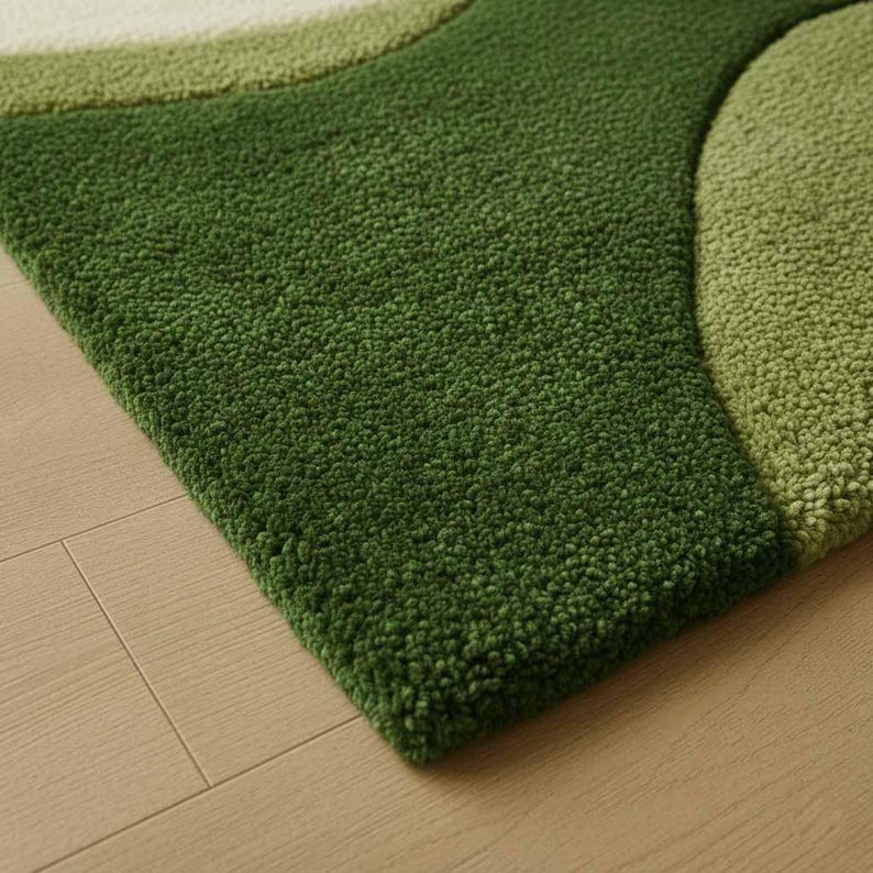 Hand-Tufted High-Low Cut Pile Forest Green Wool Rug Bottom Corner Detail