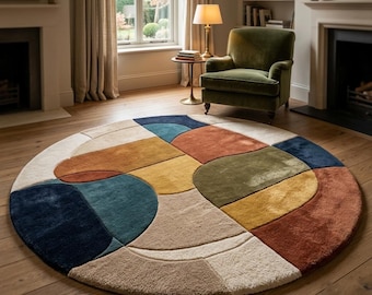 Round Multicolor Abstract Hand Tufted Wool Rug, 4x4 5x5 Rug For Living Room Bedroom Custom Size