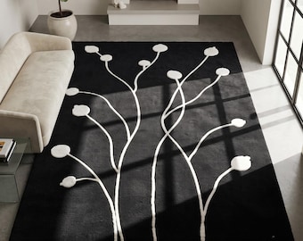 Black and White Botanical Wool Area Rug | Modern 3D Carved Floral Tufted Rug for Living Room & Bedroom Decor