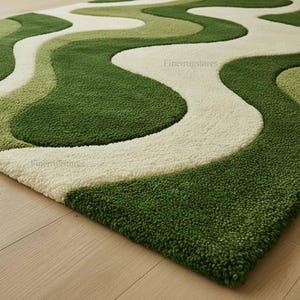 Hand-Tufted High-Low Cut Pile Modern Wavy Green Abstract Wool Rug Perspective View