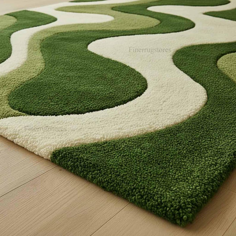 Hand-Tufted High-Low Cut Pile Modern Wavy Green Abstract Wool Rug Perspective View