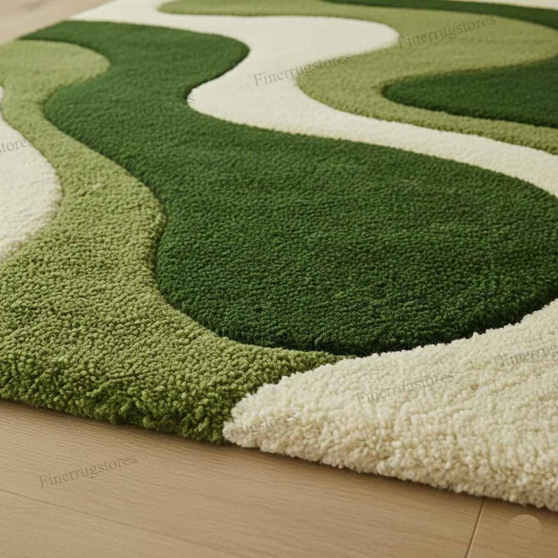 Hand-Tufted High-Low Cut Pile Modern Wavy Green Wool Area Rug Corner View