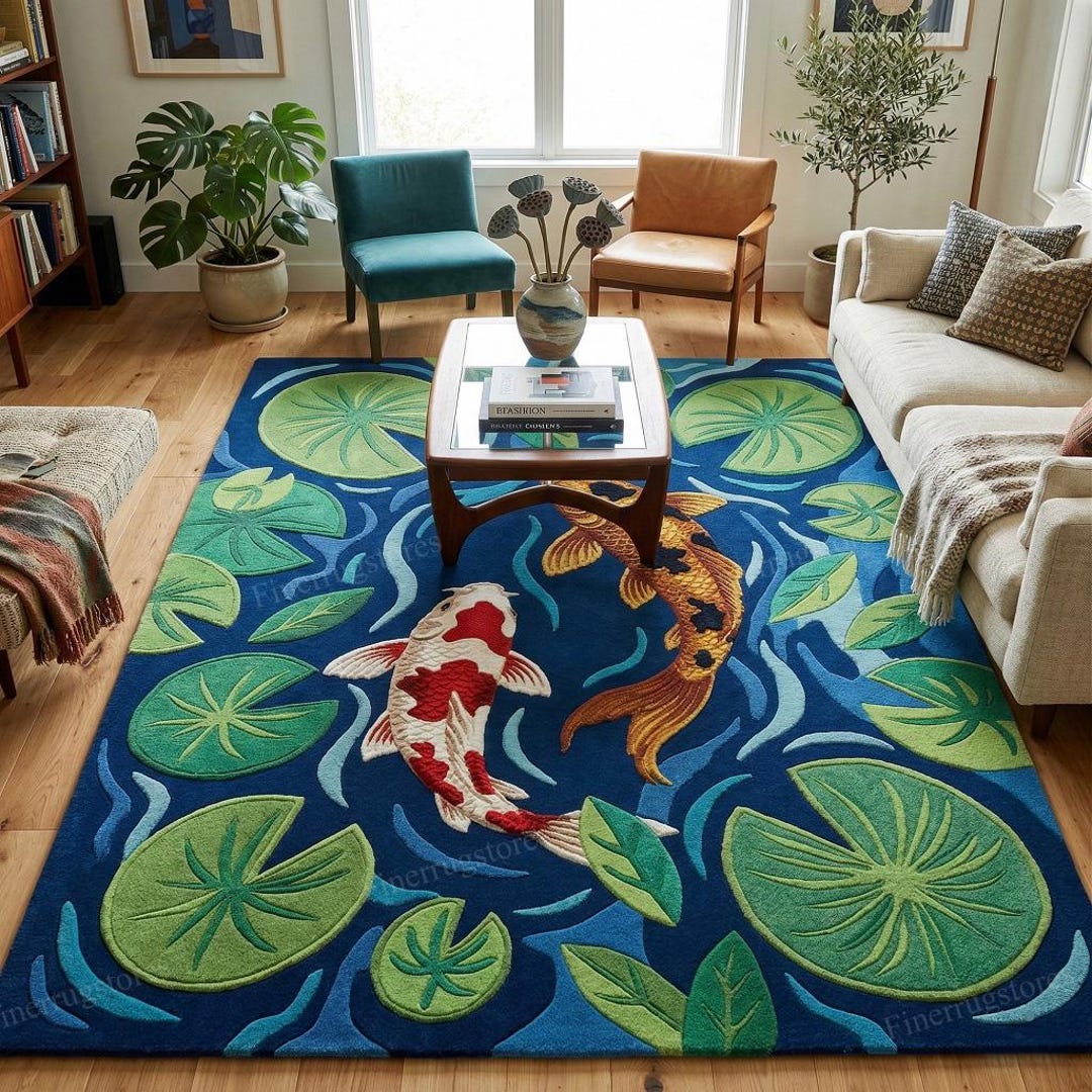 Maximilast Rug Koi Fish Pond Rug| Japanese Tufted Area Rug| Blue Lily Pad Carpet ...
