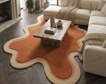 Wavy Irregular Area Rug, Modern Terracotta Aesthetic Rug for Living Room, Hand-Tufted Scalloped Border Wool Rug, Retro Earth Tone Home Decor