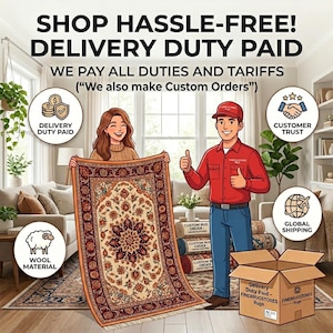 May include: An image promoting rug sales, featuring a woman and a man holding a decorative rug with a floral pattern. Text includes "SHOP HASSLE-FREE! DELIVERY DUTY PAID" and icons for delivery, wool material, customer trust, and global shipping.