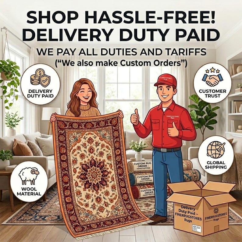 May include: An image promoting rug sales, featuring a woman and a man holding a decorative rug with a floral pattern. Text includes "SHOP HASSLE-FREE! DELIVERY DUTY PAID" and icons for delivery, wool material, customer trust, and global shipping.