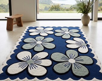 Floral Hand Tufted Rug, Navy Blue Wool Area Rug 5x8 , Scalloped Flower Carpet, Living Room Bedroom.