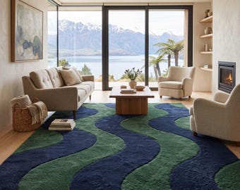 Green and Blue Wavy Rug, Abstract Wave Area Rug 8x10, Modern Living Room Carpet, Tufted Aesthetic Floor Mat, Contemporary Home Decor