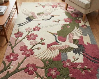 Hand Tufted Area Rug, Japanese Cherry Blossom & Crane Carpet, Large Living Room Rug, Japandi Floral Floor Mat, Aesthetic Bedroom Decor