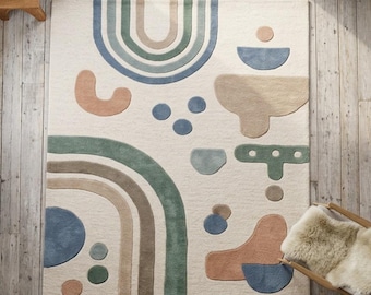 Modern Abstract Hand-Tufted Wool Area Rug, Geometric Cut Pile Accent Carpet 8x10 Feet Kids Room, Living Room Bedroom.