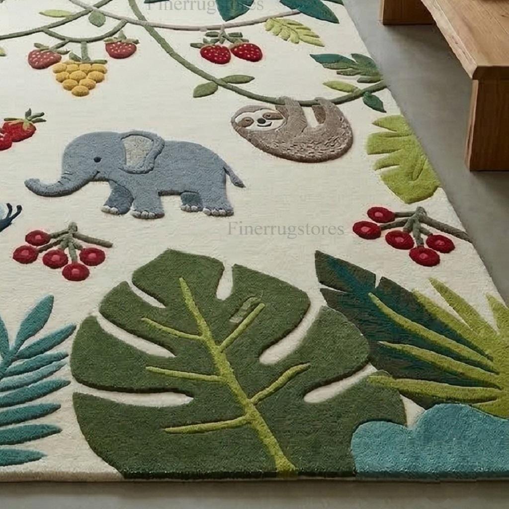 Hand Tufted Jungle Animal Rug, Kids Safari Nursery Rug, Cute Fox ...