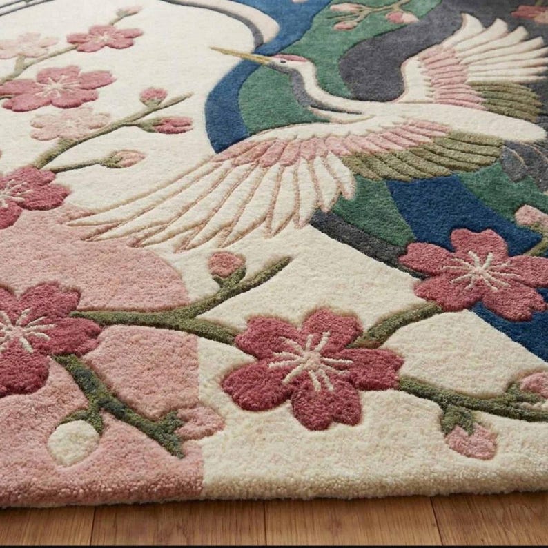 Cfm Rugs Hand Tufted Crane Bird Floral Rug, Cherry Blossom Design, Wool Area ...