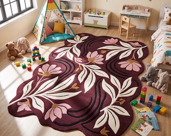 Floral Scalloped Nursery Rug, Maroon Lotus Hand-Tufted Wool Rug for Kids Room, Botanical Irregular Area Rug, Whimsical Girl Bedroom Decor