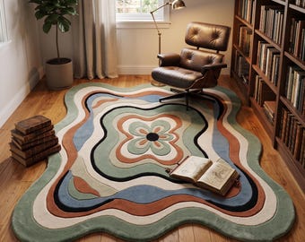 Retro Wavy Tufted Area Rug, Mid Century Modern Irregular Rug, Sage Green Groovy Flower Floor Carpet, Funky Aesthetic Living Room Decor Gift