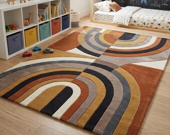 Hand Tufted Rainbow Wool Rug, Mid Century Modern Arch Area Rug in Terracotta & Mustard, Custom Geometric Nursery Rug, 7x10 Living Room.