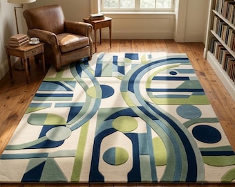 Abstract Geometric Rug, Hand Tufted Area Rug, Blue Green Modern Decor, 5x8 8x10 Living Room Bedroom Custom Size.