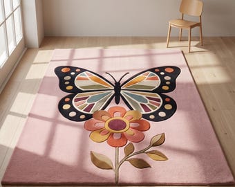 Retro Butterfly Rug, Pink Floral Nursery Carpet, 70s Boho Floor Rug, Cute Aesthetic Bedroom Decor, Botanical Living Room Accent Rug 9x12 Ft