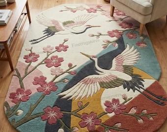 Japanese Crane Floral Hand Tufted Rug, Oriental Bird Area Rug, 5x8 Living Room Bedroom Custom Size