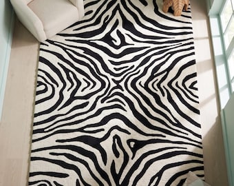 Hand Tufted Zebra Print Wool Rug, Black and White Animal Pattern Area Rug, 8x10 Feet Living Room Bedroom Custom Size.