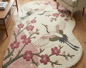 Hand Tufted Wool Rug, Japanese Cherry Blossom & Crane Area Rug, Aesthetic Living Room Decor, Custom Tufted Carpet, Modern Floral Rug
