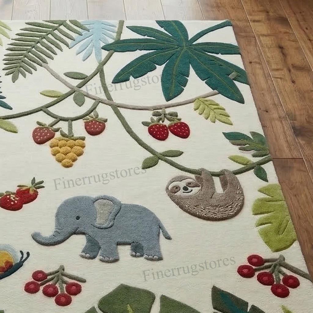 Hand Tufted Jungle Animal Rug, Kids Safari Nursery Rug, Cute Fox ...
