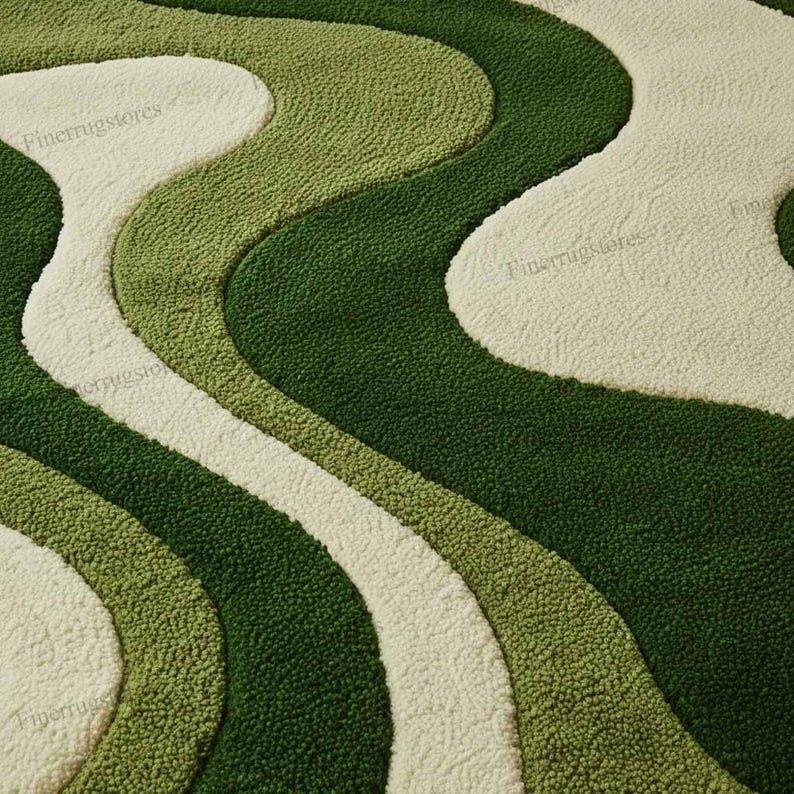 3D Carved Hand-Tufted High-Low Cut Pile Modern Wavy Green Abstract Wool Rug Overhead