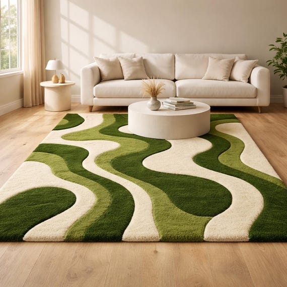 Modern Green Abstract Area Rug, Wavy Pattern Shag Rug, Olive Cream Contemporary Carpet, Soft Plush Living Room Rug Soft Plush Rug, Kids Rug.