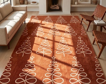 Rust Orange Christmas Tree Area Rug | Modern Minimalist Holiday Living Room Decor | Hand Tufted New Zealand Wool Carpet 8x10 Living Room.