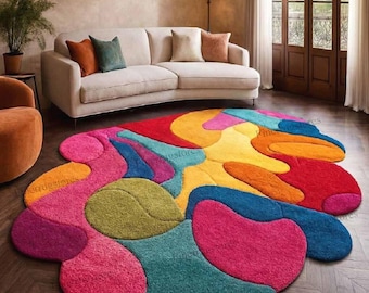 Tufted Irregular Area Rug 8x10, Colorful Abstract Blob Rug, Dopamine Decor Aesthetic Floor Mat, Bright Funky Living Room Rug