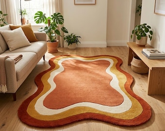 Retro Wavy Rug, Terracotta Orange Irregular Area Rug 8x10 Ft, 70s Mid Century Tufted Wool Rug, Mustard Yellow Aesthetic Living Room Carpet