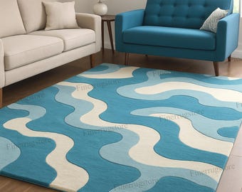Handgetufteter blauer Wellenteppich, abstrakter gewellter Teppich, moderner Küstenteppich, minimalistischer Wohnzimmerteppich, modernes, vom Ozean inspiriertes Dekor
