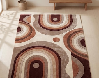 Geometric Arch Area Rug | Hand Tufted Abstract Rug | Brown Cream Modern Carpet 4x7 8x10 Feet | Living Room Bedroom