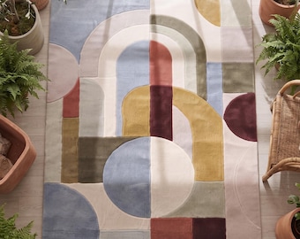 Modern Abstract Geometric Wool Rug, Hand Tufted 3D Carved Area Rug 12x15 , Contemporary Scandinavian Living Room & Bedroom Rug.