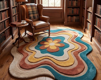 Retro Wavy Flower Rug, 70s Aesthetic Tufted Area Rug, Groovy Floral Floor Mat, Irregular Shaped Abstract Carpet, Funky Living Room Decor