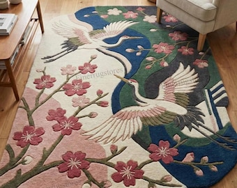 Japanese Crane Tufted Wool Rug, Cherry Blossom Sakura Floral Area Rug, Aesthetic Irregular Carved Carpet, Japandi Living Room Bedroom Rug