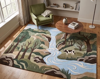 Landscape River Area Rug, Hand Tufted New Zealand Wool Carpet, Nature Scenic Floor Mat, Modern Abstract Living Room Decor, Custom Size